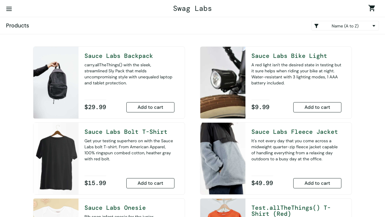 Before: the inventory page before adding a product to the cart