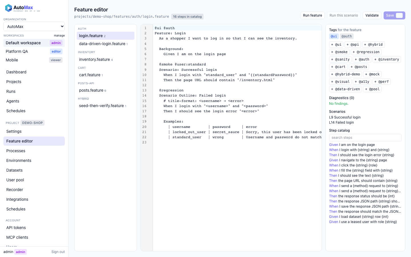 Feature editor with Gherkin highlighting, step completions and diagnostics