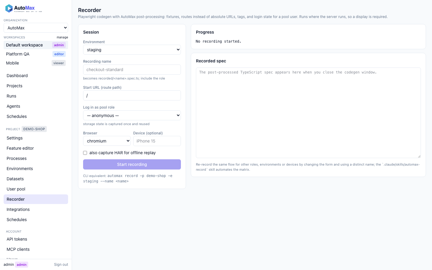 The Recorder page of the web UI: project, environment, start URL, device and pool user, then the recorded spec preview