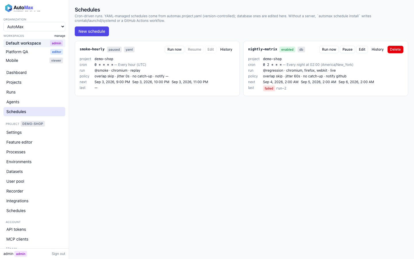 Schedules page with cron builder and next fire times