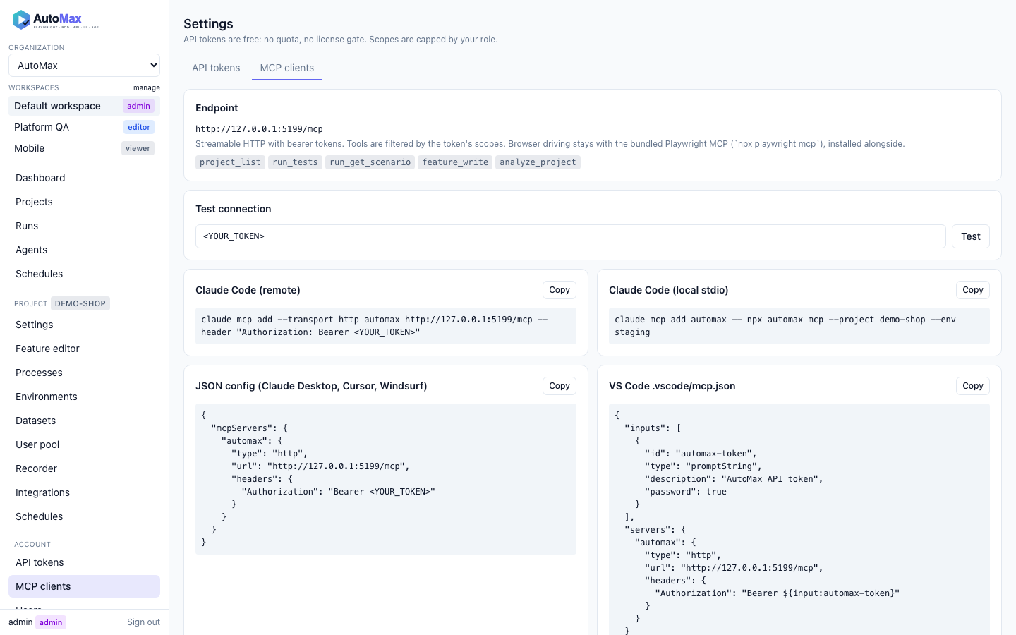 Settings → MCP clients: endpoint, tool list, install snippets and a connection test